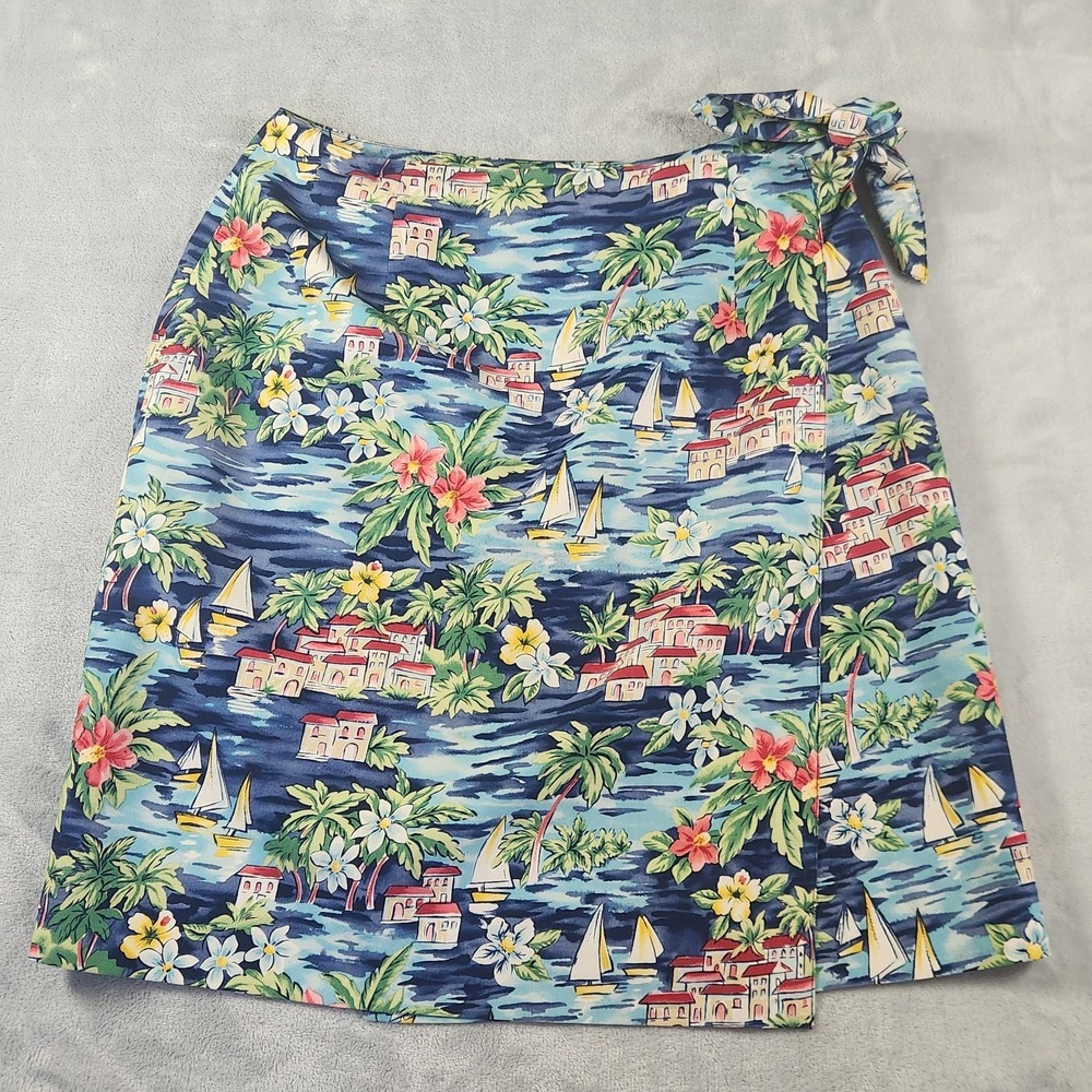 Talbots Petites 10P‎ Silk Wrap Skirt Blue Tropical Island Print VTG Preppy